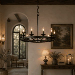 Black wrought iron round chandelier for dining room