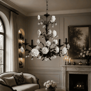 Black & White Floral Chandelier – Handcrafted Iron Flower Chandelier | Vintage Luxury Hanging Light | 6-Light E14 Chandelier