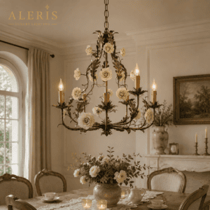 Luxury Vintage Floral Iron Chandelier – 4 Light White Rose Ceiling Chandelier | 26" Height × 26" Diameter
