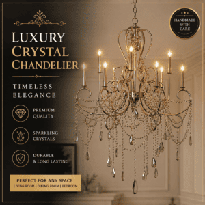 Luxury Crystal Chandelier – Handmade Gold Finish Hanging Light – Elegant Crystal Pendant Light for Living Room, Dining Room & Bedroom