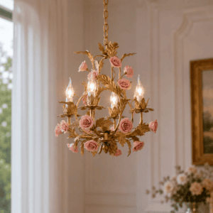 Vintage Rose Floral Chandelier | Gold Iron Chandelier with Pink Roses | 5-Light E14 Ceiling Light | French Antique Style Home Decor