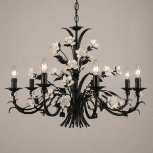 Handcrafted black and white floral iron chandelier with 8 E14 lights