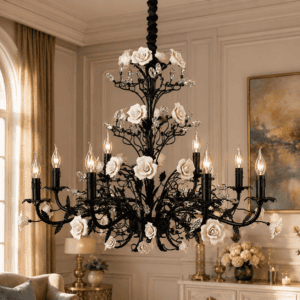Black and white rose floral iron chandelier with warm E14 lights