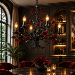 Black & Red Rose Floral Chandelier | Luxury Iron Light