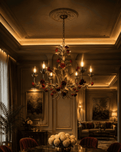 Gold Floral Rose Chandelier, French Country Lighting, Luxury Dining Room Chandelier, Cottagecore