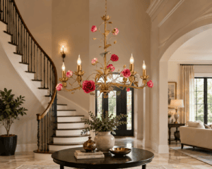 Handcrafted Gold Floral Rose Chandelier | Luxury Wrought Iron Ceiling Light | Vintage French Style 6-Light Chandelier | Elegant Home Decor