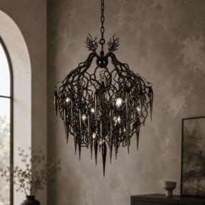 Gothic Black Chandelier – Luxury Wrought Iron Ceiling Light with Long Acrylic Drops – Modern Vintage Pendant Light