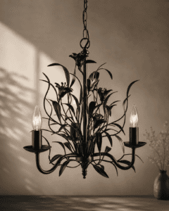 Black Botanical Wrought Iron Chandelier – Modern Floral Pendant Light | Handmade Mild Steel | E14 Candle Bulbs