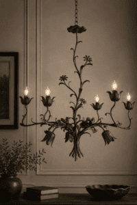 Luxury Black Wrought Iron Floral Chandelier – 6 Light Handmade Ceiling Chandelier | 24" Height × 22" Diameter