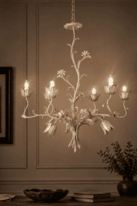 Luxury Black Wrought Iron Floral Chandelier – 6 Light Handmade Ceiling Chandelier | 24" Height × 22" Diameter (White)