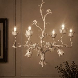 Luxury Black Wrought Iron Floral Chandelier – 6 Light Handmade Ceiling Chandelier | 24" Height × 22" Diameter (White)