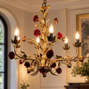 vintage floral hanging chandelier with gold leaves and roses